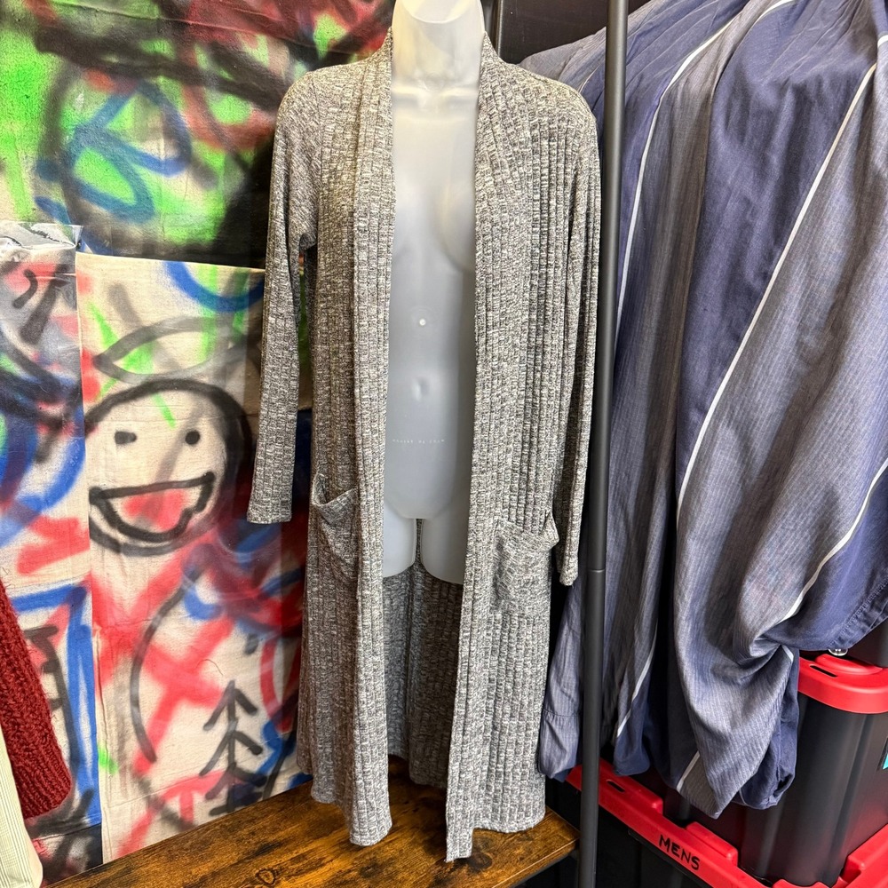 Lisa Rinna Collection Grey Ribbed Duster Cardigan Open Front Pockets Small Fall - Picture 2 of 10